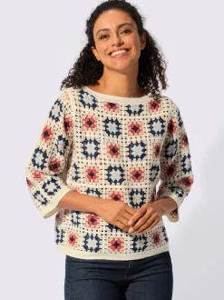 Pull au motif crochet avec col U et manches 3/4 larges