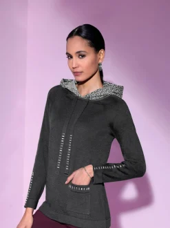 Pull à capuche avec pierres brillantes et poche decorative