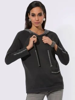 Pull à capuche avec pierres brillantes et poche decorative
