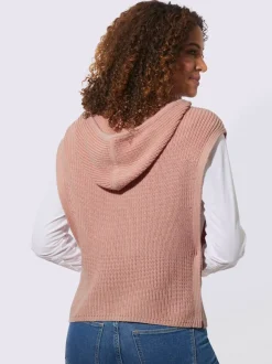 Pull à capuche à emmanchures dénudées côtelé boutonné