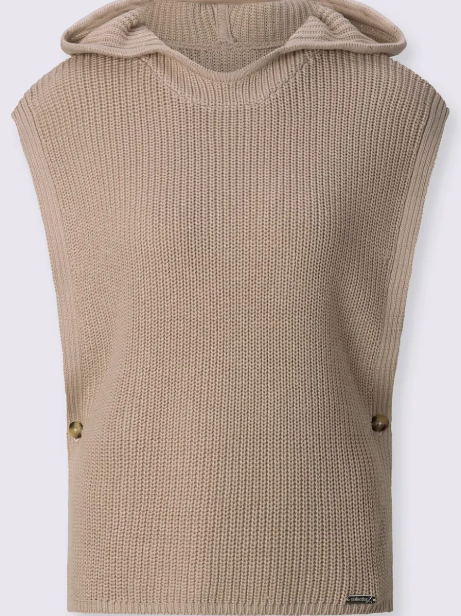 Pull à capuche à emmanchures dénudées côtelé boutonné