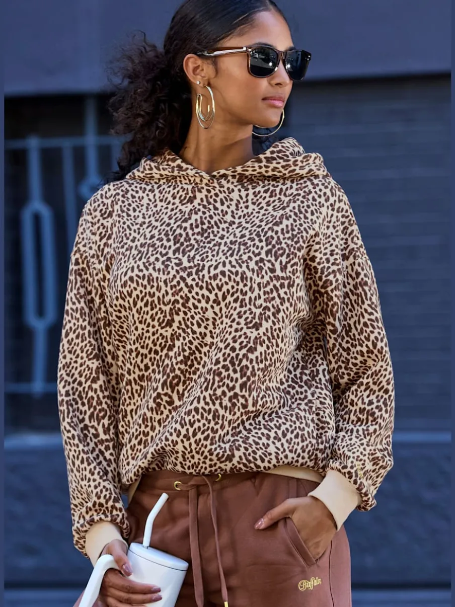 Pull à capuche imprimé motif léopard confort bords-côtes