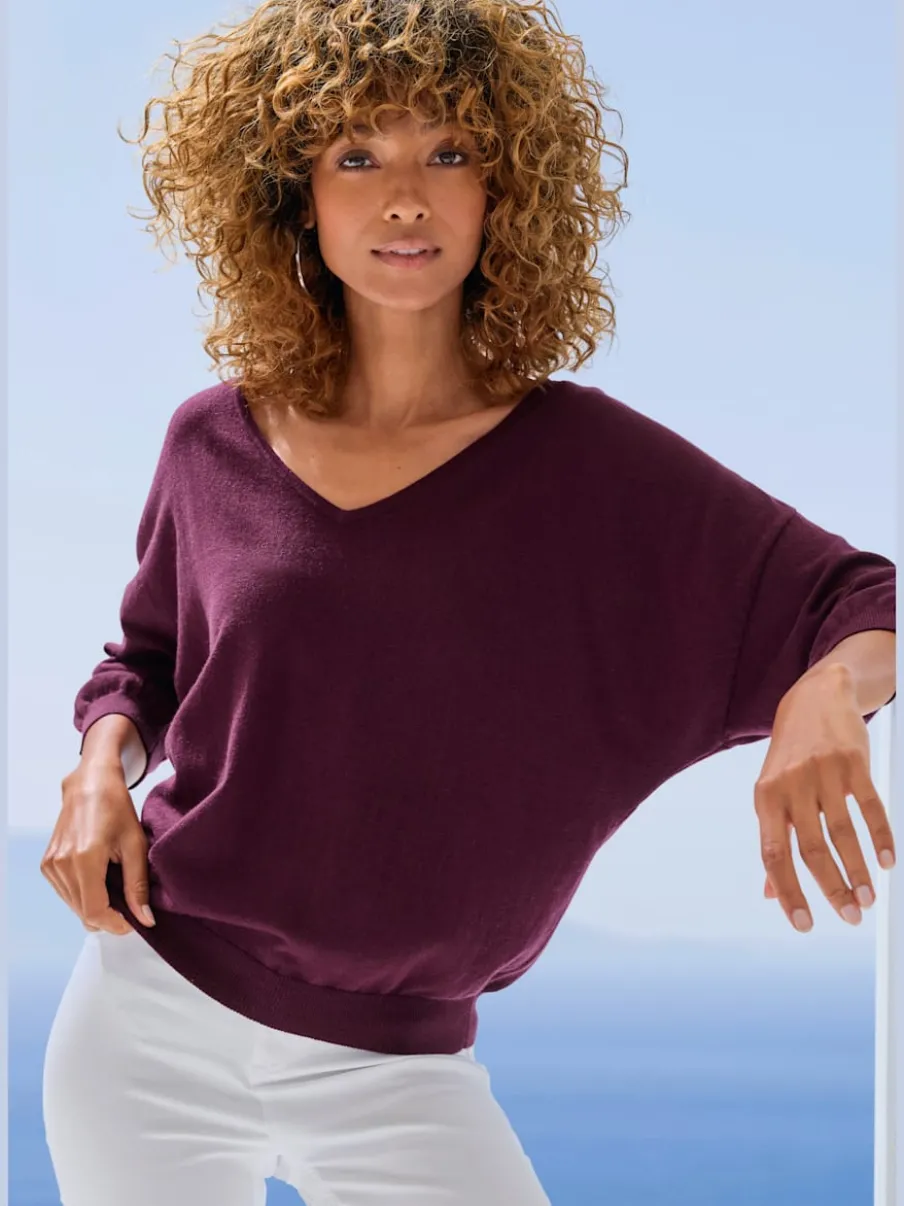 Pull chauve-souris avec encolure V et manches 3/4 en tricot doux