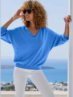 Pull chauve-souris avec encolure V et manches 3/4 en tricot doux