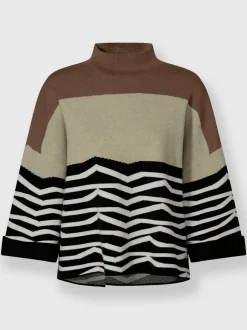 Pull à col corolle manches trois quarts rayé en jacquard