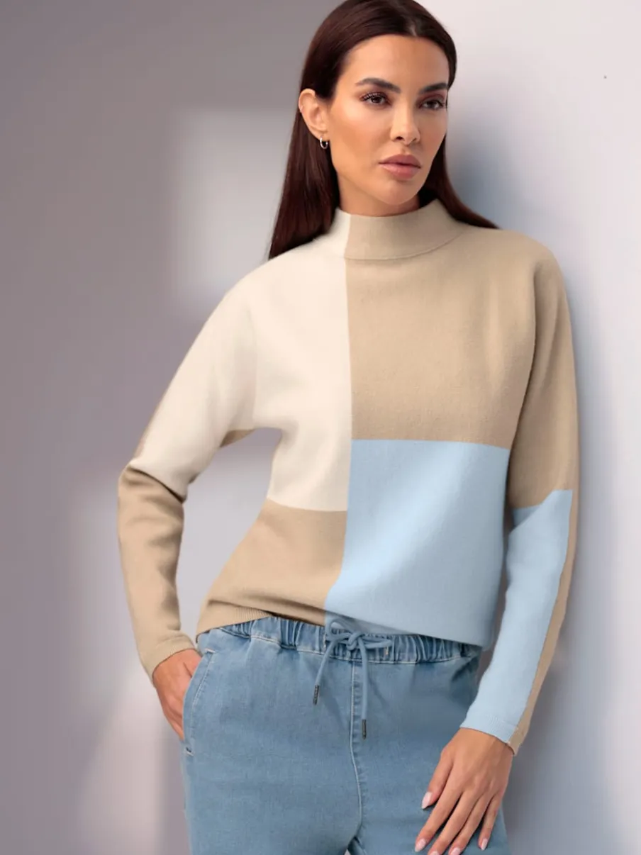 Pull à col montant à motifs color block avec manches longues