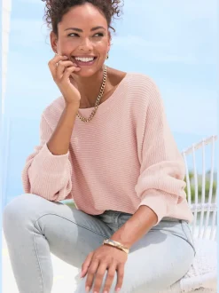 Pull col rond avec manches chauve-souris et ourlet droit en tricot côtelé