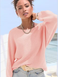 Pull col rond avec manches chauve-souris et ourlet droit en tricot côtelé