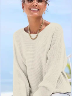 Pull col rond avec manches chauve-souris et ourlet droit en tricot côtelé