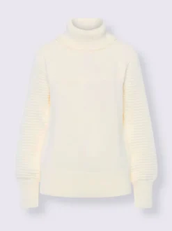Pull à col roulé en pur coton avec manches ballon et bords-côtes