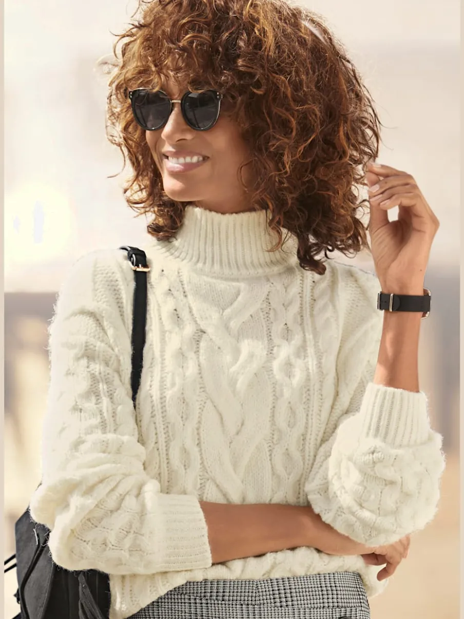 Pull à col tortue avec motif torsadé et mancherons