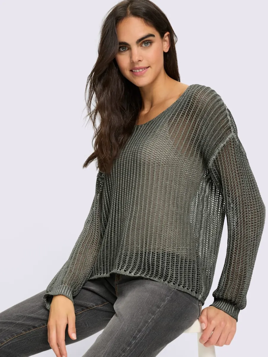 Pull décontracté à col V avec motif tricoté ajouré et mancherons