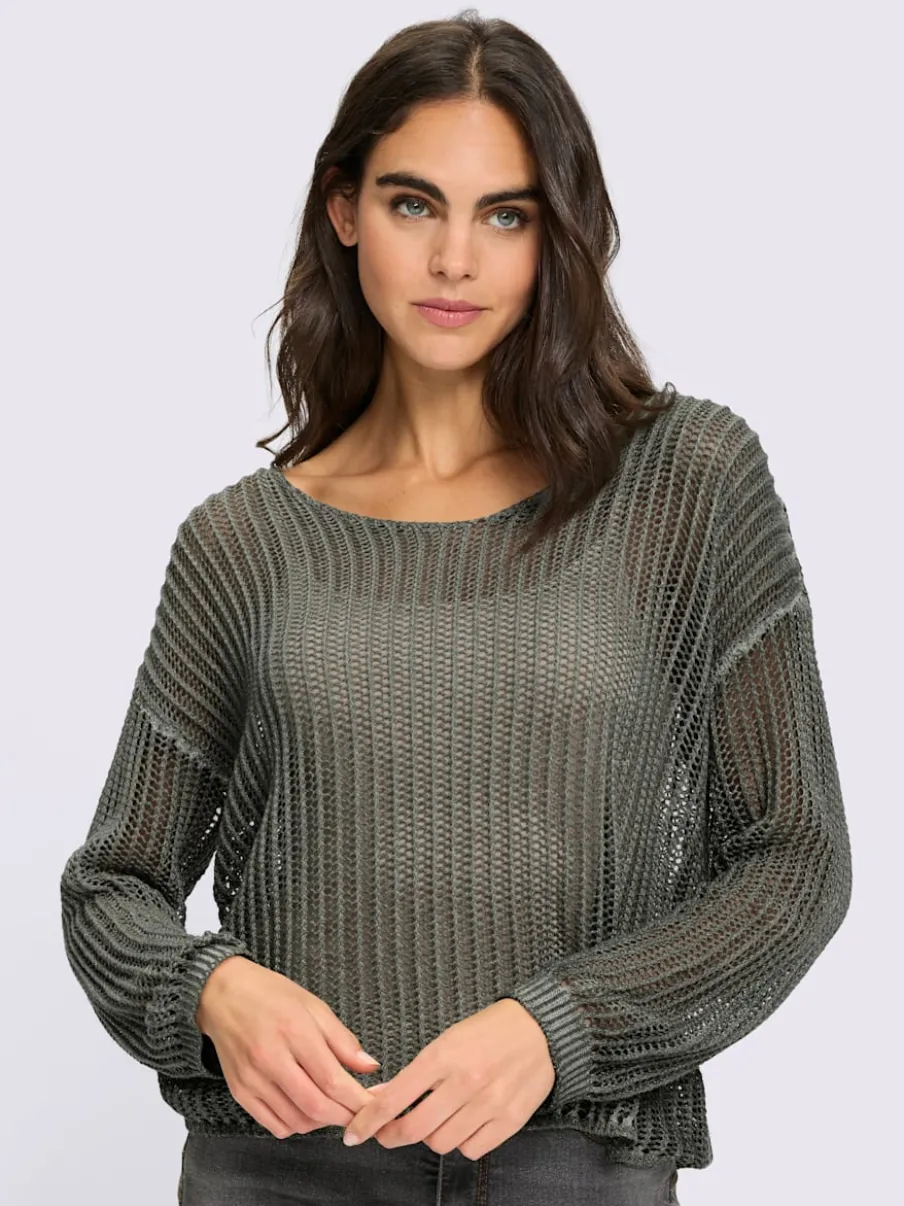 Pull décontracté à col V avec motif tricoté ajouré et mancherons