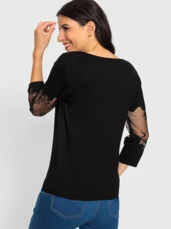 Pull empiècements transparents broderie florale manches 3/4