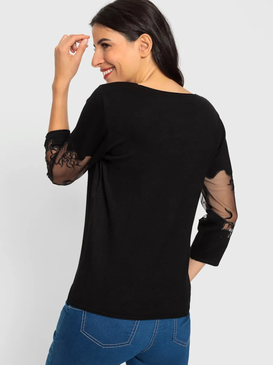 Pull empiècements transparents broderie florale manches 3/4
