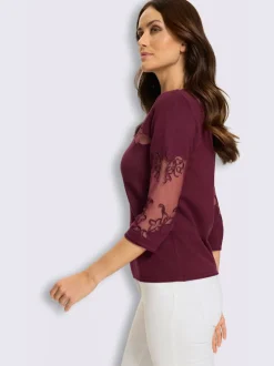 Pull empiècements transparents broderie florale manches 3/4