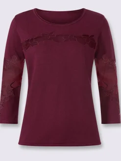 Pull empiècements transparents broderie florale manches 3/4