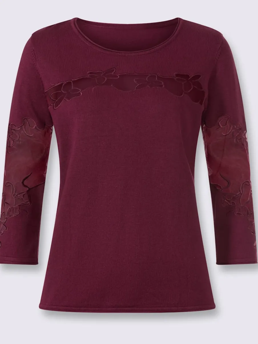 Pull empiècements transparents broderie florale manches 3/4