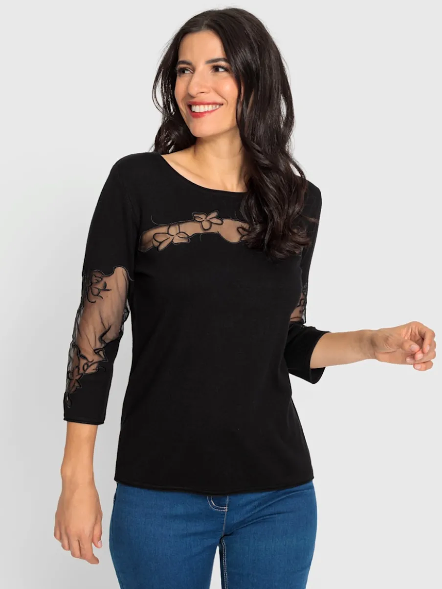 Pull empiècements transparents broderie florale manches 3/4