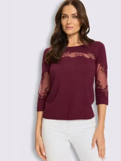Pull empiècements transparents broderie florale manches 3/4