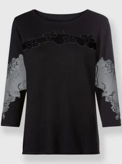Pull empiècements transparents broderie florale manches 3/4