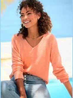 Pull à encolure en v avec manches raglan longues et matière douce