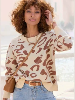 Pull à encolure ronde avec motif animalier et manches longues