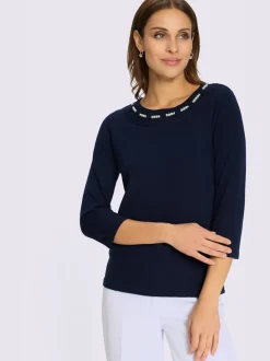 Pull à encolure ronde avec perles et manches trois quarts