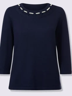 Pull à encolure ronde avec perles et manches trois quarts