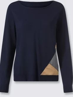Pull encolure ronde empiècements en imitation cuir