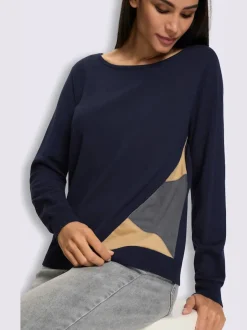 Pull encolure ronde empiècements en imitation cuir