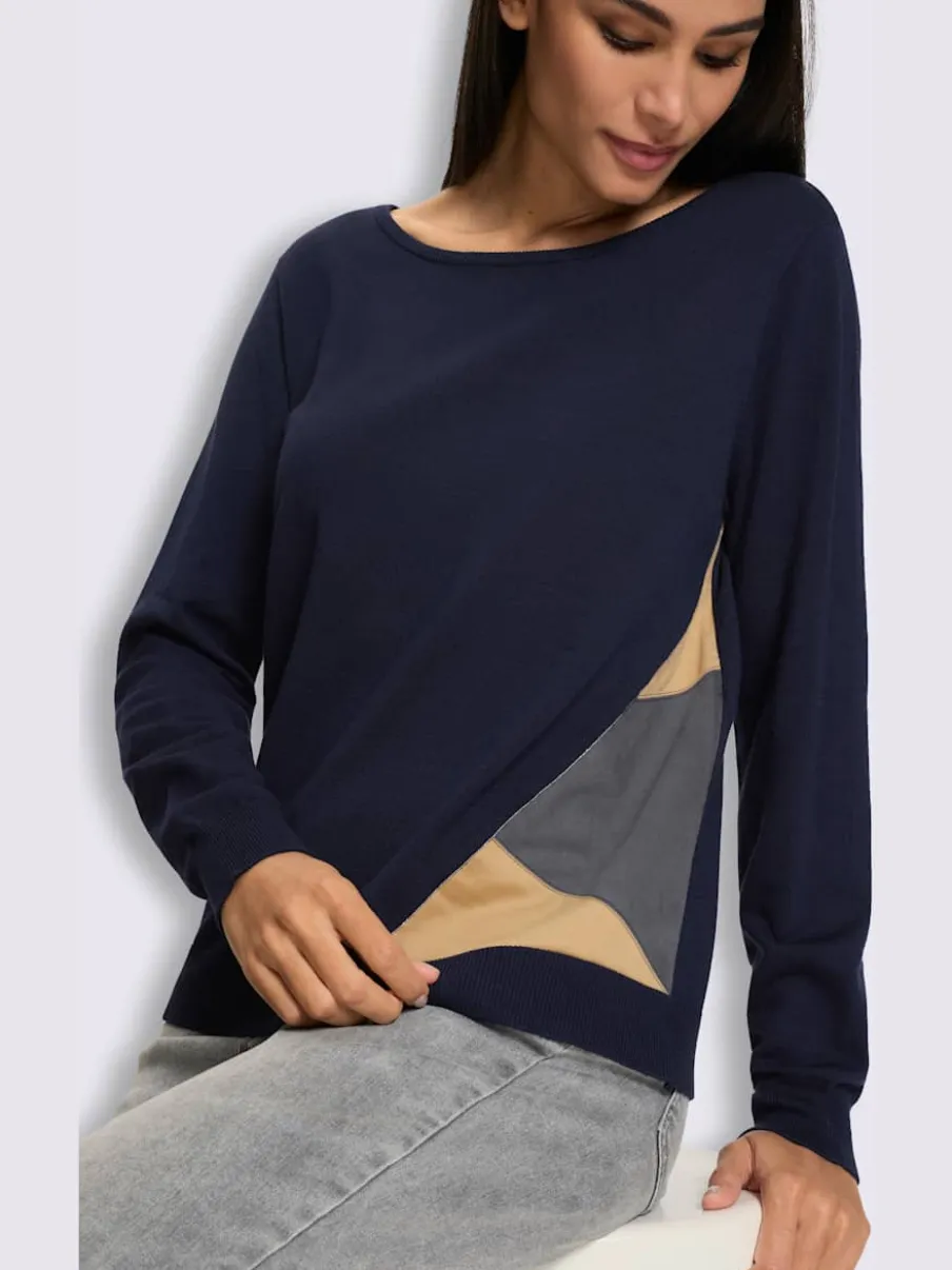 Pull encolure ronde empiècements en imitation cuir