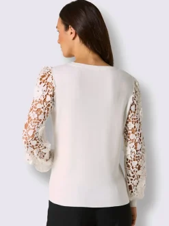 Pull encolure ronde en lyocell et viscose avec dentelle florale aux manches
