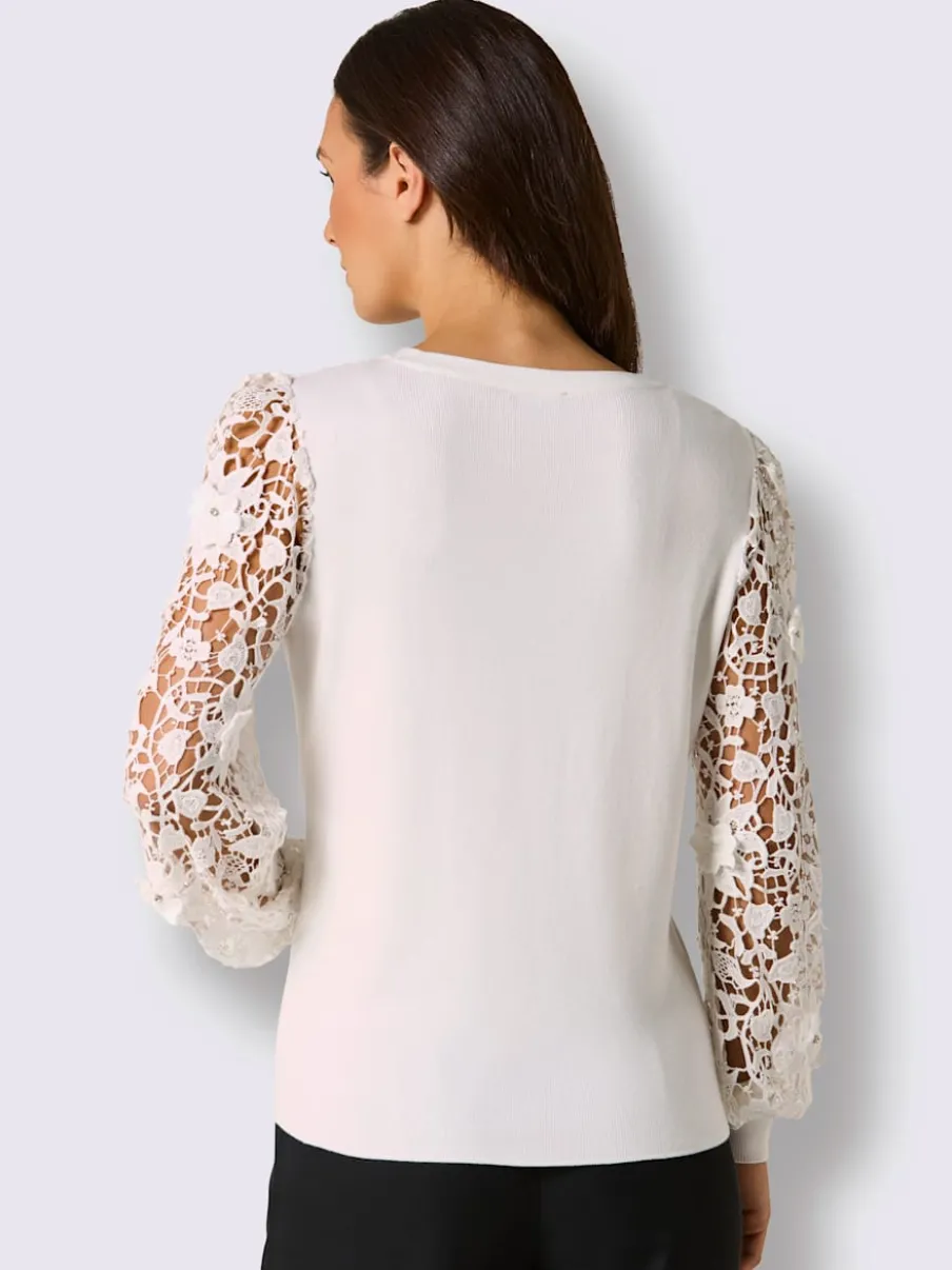 Pull encolure ronde en lyocell et viscose avec dentelle florale aux manches