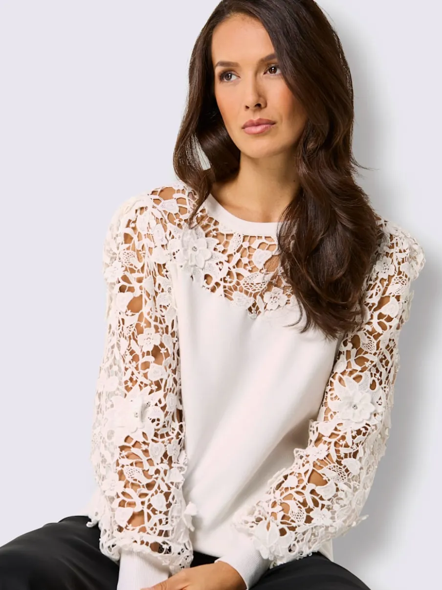 Pull encolure ronde en lyocell et viscose avec dentelle florale aux manches
