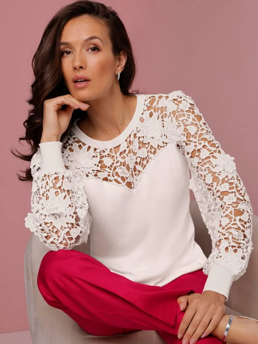 Pull encolure ronde en lyocell et viscose avec dentelle florale aux manches