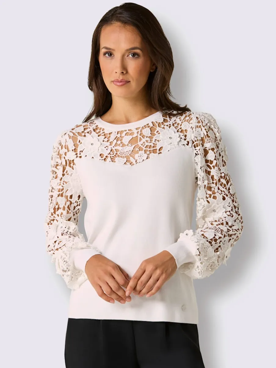 Pull encolure ronde en lyocell et viscose avec dentelle florale aux manches