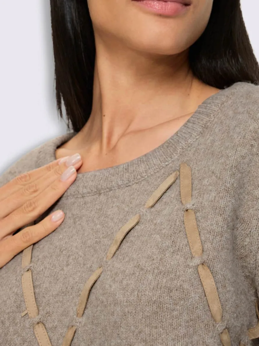 Pull encolure ronde imitation cuir velours