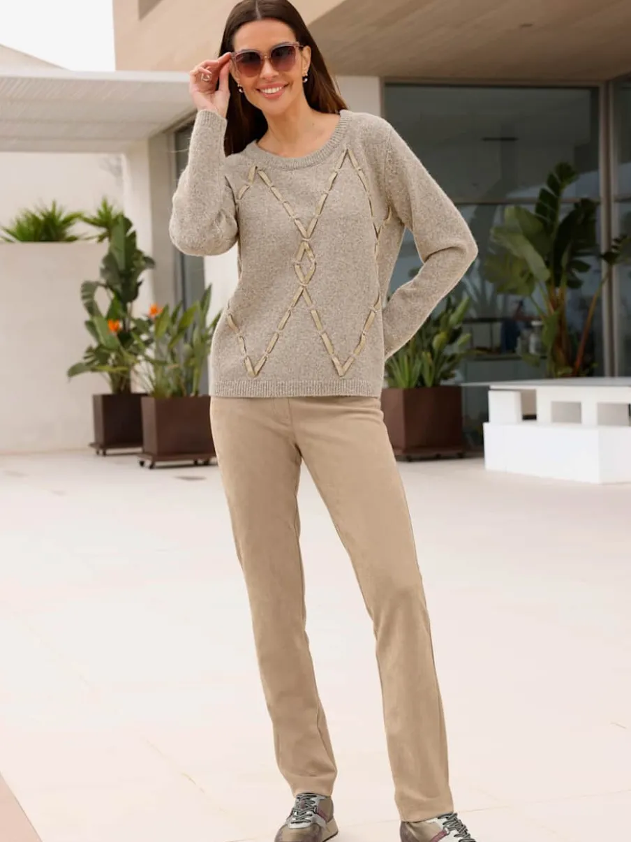 Pull encolure ronde imitation cuir velours