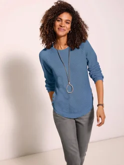 Pull encolure ronde à manches longues avec boutons décoratifs et finitions côtelées