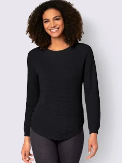 Pull encolure ronde à manches longues avec boutons décoratifs et finitions côtelées