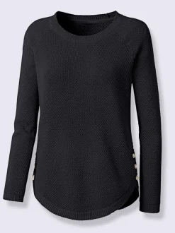 Pull encolure ronde à manches longues avec boutons décoratifs et finitions côtelées