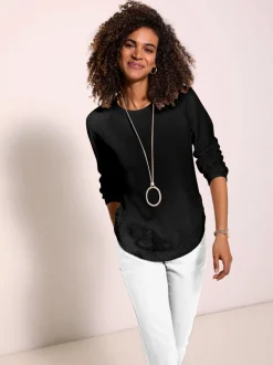 Pull encolure ronde à manches longues avec boutons décoratifs et finitions côtelées