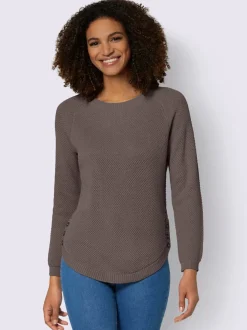 Pull encolure ronde à manches longues avec boutons décoratifs et finitions côtelées