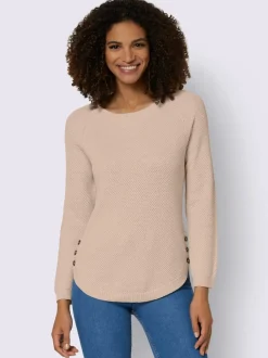 Pull encolure ronde à manches longues avec boutons décoratifs et finitions côtelées
