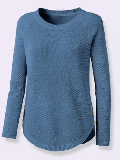 Pull encolure ronde à manches longues avec boutons décoratifs et finitions côtelées