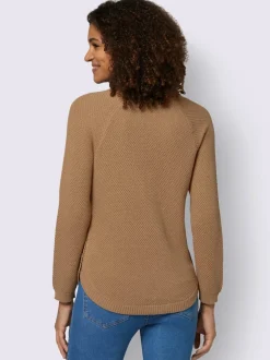 Pull encolure ronde à manches longues avec boutons décoratifs et finitions côtelées