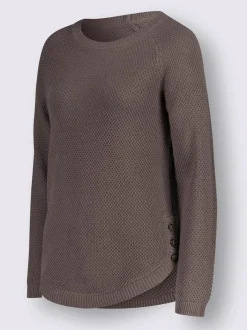 Pull encolure ronde à manches longues avec boutons décoratifs et finitions côtelées