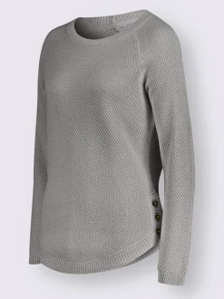 Pull encolure ronde à manches longues avec boutons décoratifs et finitions côtelées