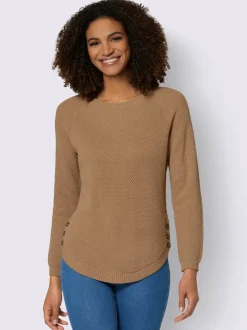 Pull encolure ronde à manches longues avec boutons décoratifs et finitions côtelées